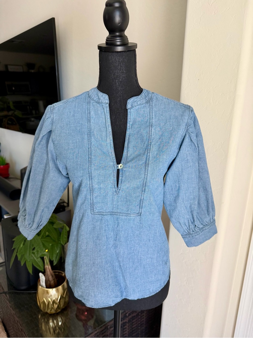Light Blue Denim Split-Neck Women's Top